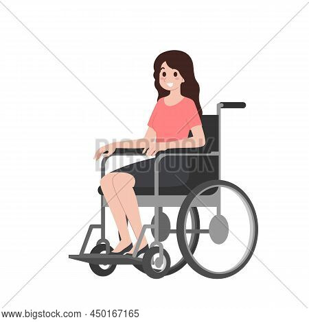 Portrait Of Disabled Young Woman Is Sitting In A Wheelchair On A White Background. Disabled Characte