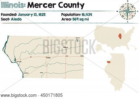 Large And Detailed Map Of Mercer County In Illinois, Usa.