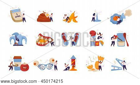 All Fools Day Flat Recolor Set Of Isolated Icons With Small Human Characters Doing Various Pranks Ve