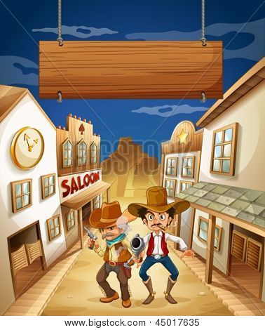 Illustration af et skilt over de to gunmens