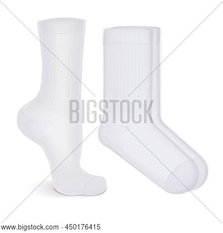 Realistic Pair Of White Mid Calf Knitted Wool Socks And Sock Worn On Leg Isolated Vector Illustratio