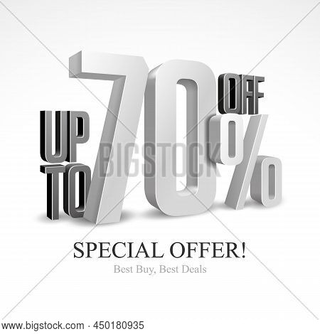 70 Off Special Offer Silver 3d Digits Banner, Template Seventy Percent. Sale, Discount. Grayscale, M