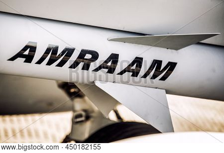Sliac, Slovakia - August 29, 2015: A Winged Missile Under The Wing Of A Fighter. Rocket Amraam On Je