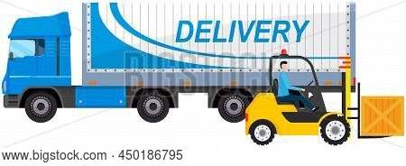 Transport For Delivery Of Goods In Warehouse Of Enterprise. Freight Transport In Storage With Boxes.