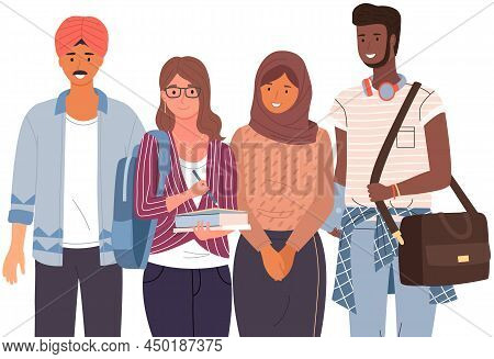 Diverse College, University Students Standing In Line. Group Of Young People, Multicultural Men And 