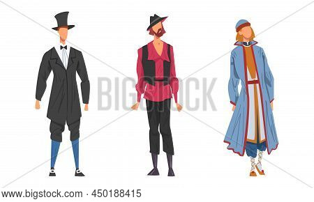 People In National Clothing Set. Men In European And East European Clothing Cartoon Vector Illustrat