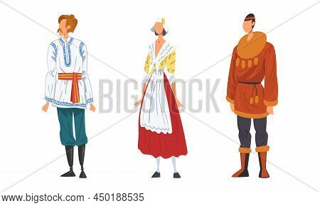 People In National Clothing Set. Mqn And Woman In Traditional Outfit Of Different Countries Cartoon 