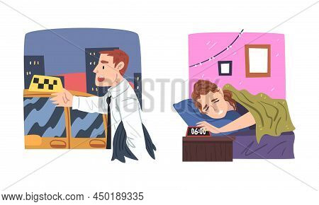 People Daily Routine Set. Woman Being Woken Up By Alarm Clock. Businessman Hailing Taxi Car Cartoon 