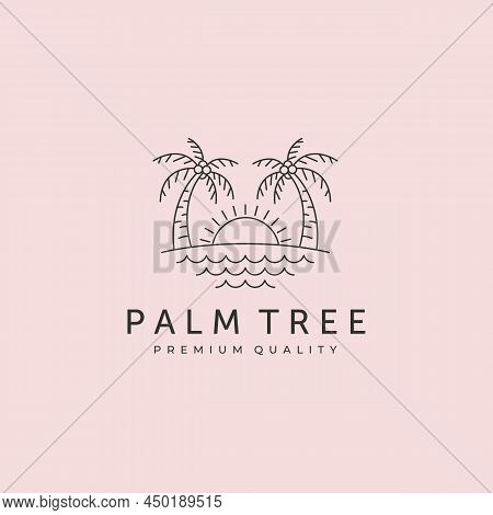 Tropical Sunset On Beach Logo Vector Line Art Minimal Illustration Design