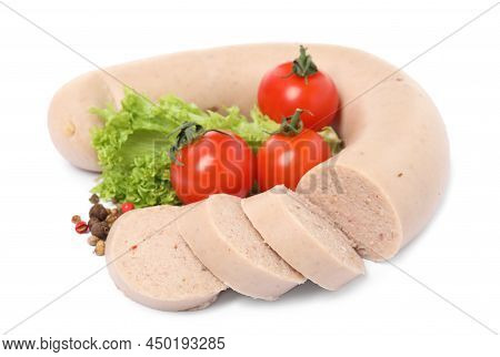 Delicious Liver Sausage, Tomatoes, Lettuce And Peppercorns On White Background