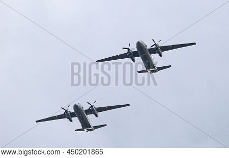 Kyiv, Ukraine - August 24, 2021: Ukrainian Air Force Antonov An-26 Planes In The Sky Over Kyiv Durin