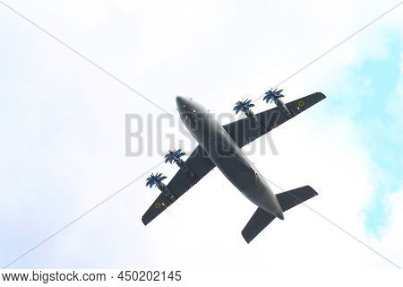 Kyiv, Ukraine - August 24, 2021: Antonov An-70 Plane In The Sky Over Kyiv During The Ukraine Indepen