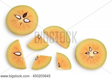 Sapodilla Slices Isolated On White Background With Clipping Path And Full Depth Of Field. Top View W