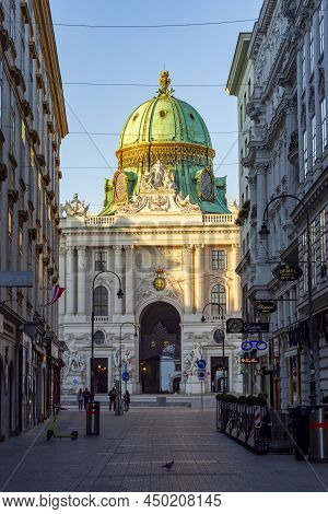Vienna, Austria - October 2021: Kohlmarkt Shopping Street With Hofburg Palace At Background