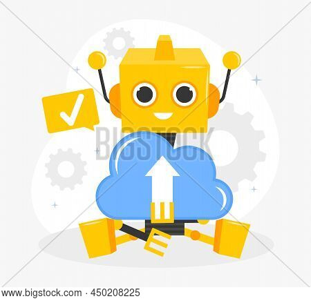 Artificial Intelligence Software. Smiling Cloud Robot Helps To Work With Data, Folders And Informati