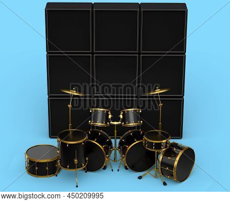 Set Of Realistic Drums With Metal Cymbals Or Drumset And Amplifier On Blue Background. 3d Render Con