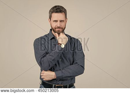 Middle-aged Unshaven Man With Serious Look Touch Beard Hair In Casual Fashion Style, Bearded.
