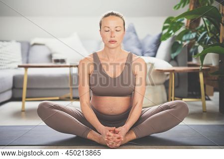 Young Beautiful Pregnant Woman Practising Yoga At Home In Her Living Room. Motherhood, Pregnancy, He