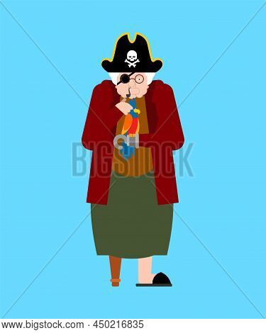 Grandmother Pirate. Grandma Filibuster And Parrot. Vector Illustration