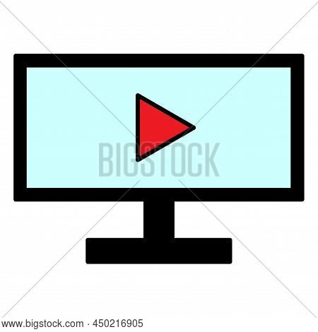 Blue Monitor With Play Button. Video Player Template. Play Online. Vector Illustration. Stock Image.