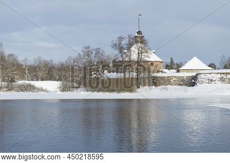 February Day On The River Vuoksa At The Ancient Fortress Of Korela. Leningrad Region, Priozersk. Rus