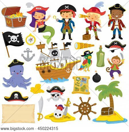 Pirates Clipart Set With Pirate Kids And Various Pirate Items.