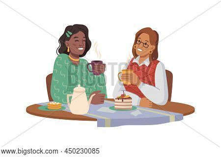 Partners Or Friends, Female Lesbian Couple Sitting In Cafe On Date. Vector Girlfriends Drinking Tea 