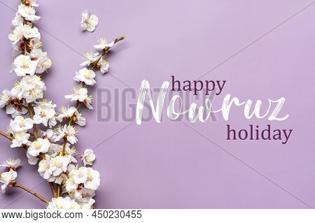 Sprigs Of The Apricot Tree With Flowers On Pink Background Text Happy Nowruz Holiday Concept Of Spri