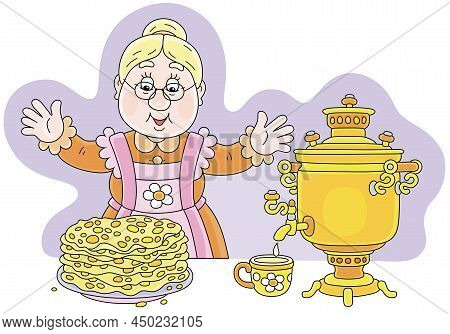Happy Granny With Tasty Traditional Pancakes And An Old Village Samovar For Holiday Tea, Vector Cart