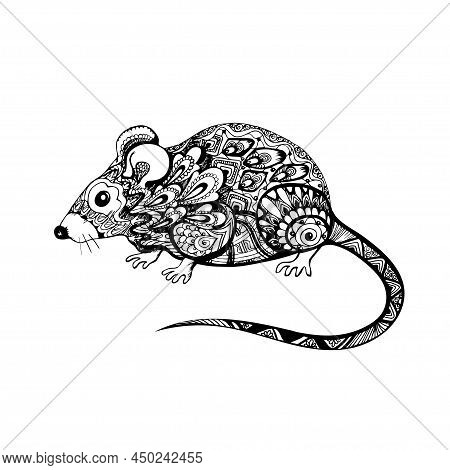 Rat Or Mouse, Tangle Hand Drawn Stylized Animal, Trendy Symbol Of Wealth. Tribal Ethnic Zenart Graph