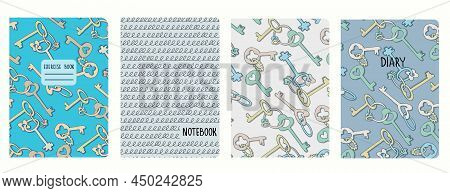 Cover Page Templates Based On Seamless Patterns With Keys, Circles. Background For Notebooks, Notepa