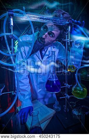 Character of a science fiction novel. A crazy scientist conducts strange experiments in his laboratory lit by myterious blue light. 