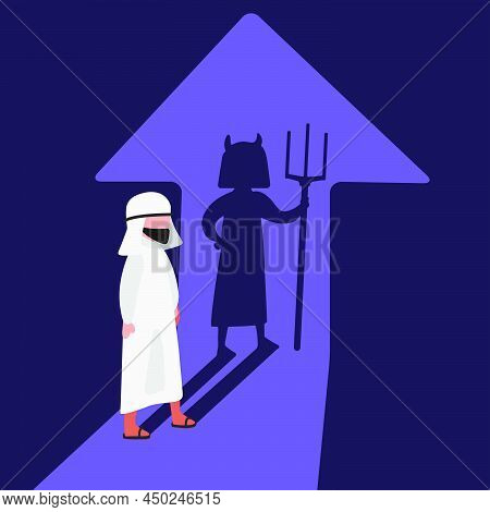 Business Flat Drawing Arabian Businessman With Devil Of Shadow. Evil Worker Facing His Devil Shadow 