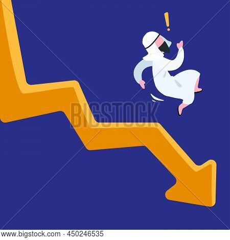 Business Concept Design Arab Businessman Fall Down Chart. Male Manager Bankrupt Falling Down From Ar