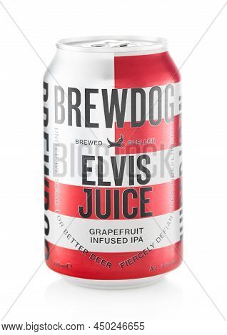 February 10,2022: Craft Beer Elvis Juice By Brewdog On White.