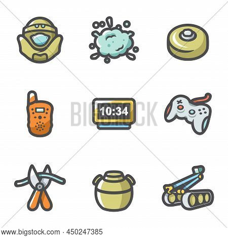 Minesweeper, Demining Equipment For Mine Clearance Icons Set. Vector Illustration.