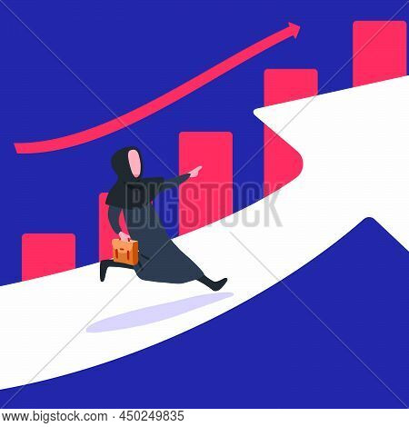 Business Concept Design Arab Businesswoman Running On Arrow Up Go To Success, Graph. Business Vision