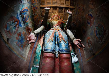 Ladakh , India- May 15,2019 : A Large Buddha Image Or God Made Of Wood. Located Inside Alchi Monaste