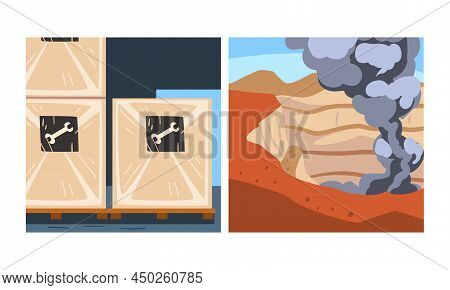 Mining Quarry And Boxes With Metal Products. Metallurgical Industry, Steel And Alloys Production