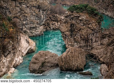 River Moraca, Canyon Platije. Beautiful Canyon Of Moraca River In Winter, Montenegro Or Crna Gora, B