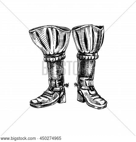 Old Over The Knee Boots With Spur, Hand Drawn Black And White Vector Illustration. Vintage Cavalry F