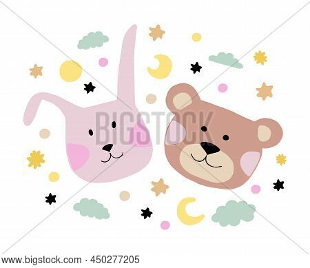 Cute Animal Faces. Vector Illustration Of A Bear And A Rabbit On The Background Of The Moon, Stars A