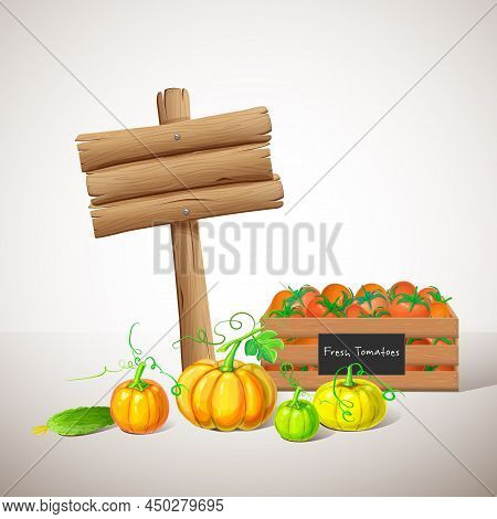 Wooden Signboard With Ripe Vegetables, Autumn Harvest Isolated On White Background. Fall Crop Like P