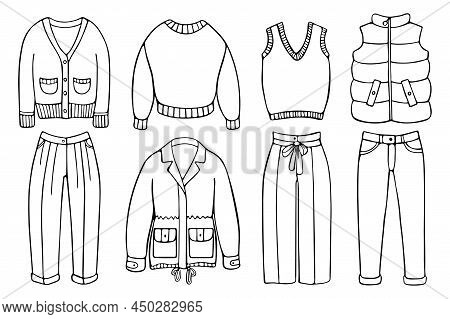Hand-drawn Set Of Clothes For Cold Weather. Doodle Garment Items Isolated On The White Background
