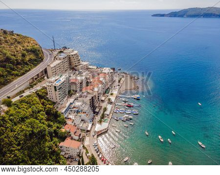 Aerophotography. View From Flying Drone. Panoramic Cityscape Of Becici, Budva, Montenegro. Top View.