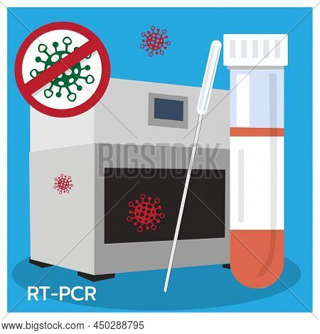 Illustration  Two Devices Rt-pcr With Text And Virus On Blue Background.