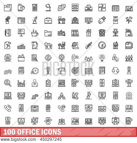 100 Office Icons Set. Outline Illustration Of 100 Office Icons Vector Set Isolated On White Backgrou