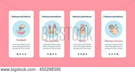 Cosmetology Onboarding Mobile App. Handbath, Toe Separator, Nail Art, Nails Glowing. Manicure And Pe