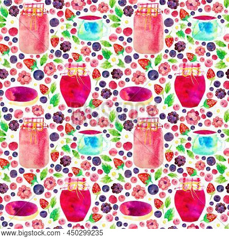 Hand-painted Watercolor Papercut Summer Berries And Homemade Products Seamless Pattern. Jelly Jar, F