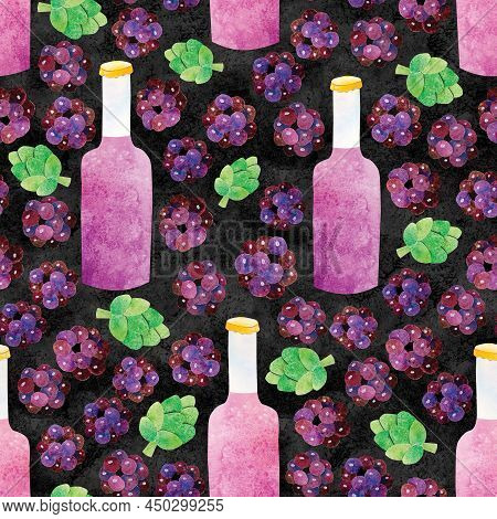 Hand-drawn Watercolor Papercut Blackberry Fruit Craft Beer Seamless Pattern. Berries, Bottle And Hop
